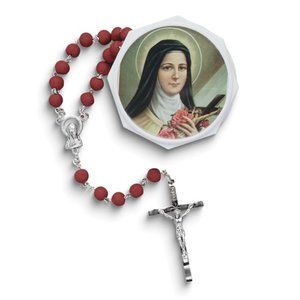 Silver-tone Saint Theresa Crushed Rose Petal Beads Rosary and Keepsake Box